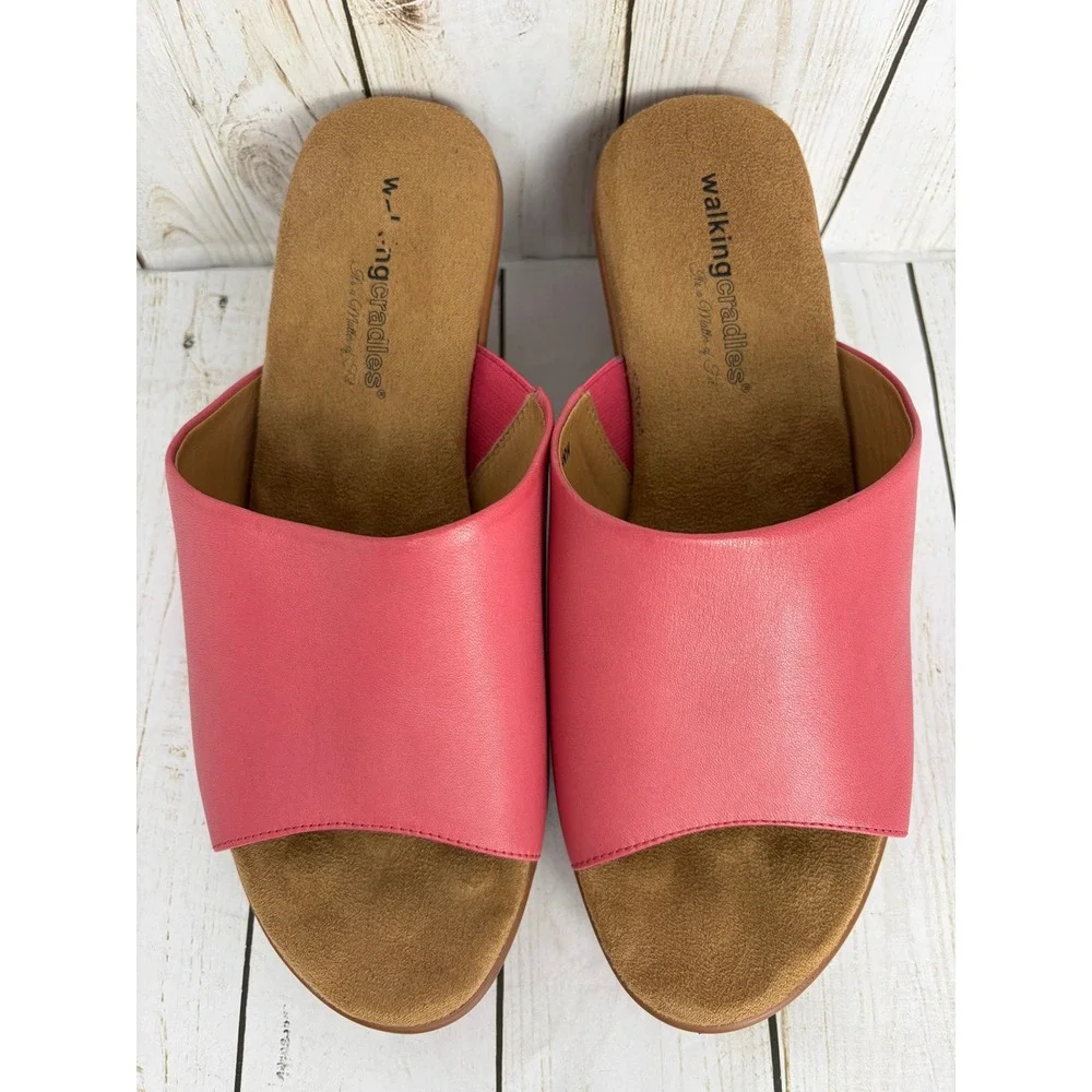 NEW Walking Cradles Pink Leather Cork Wedge Mule Slide Sandals Wide Size 10.5 WW